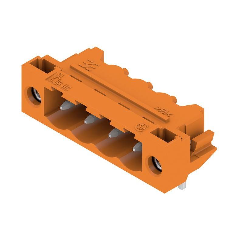 Ein orangefarbener Terminalblock mit vier Anschlusspunkten, konzipiert für elektrische Verkabelung. Der Block zeigt zwei sichtbare Schraublöcher für eine sichere Befestigung.