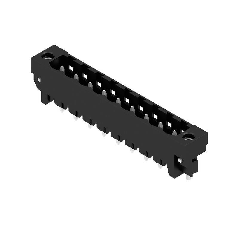 Ein schwarzer 2x8 Dual-Row-Pin-Header-Verbinder mit rechteckigen Löchern zum Einstecken von elektronischen Komponenten, der auf einem weißen Hintergrund dargestellt ist.