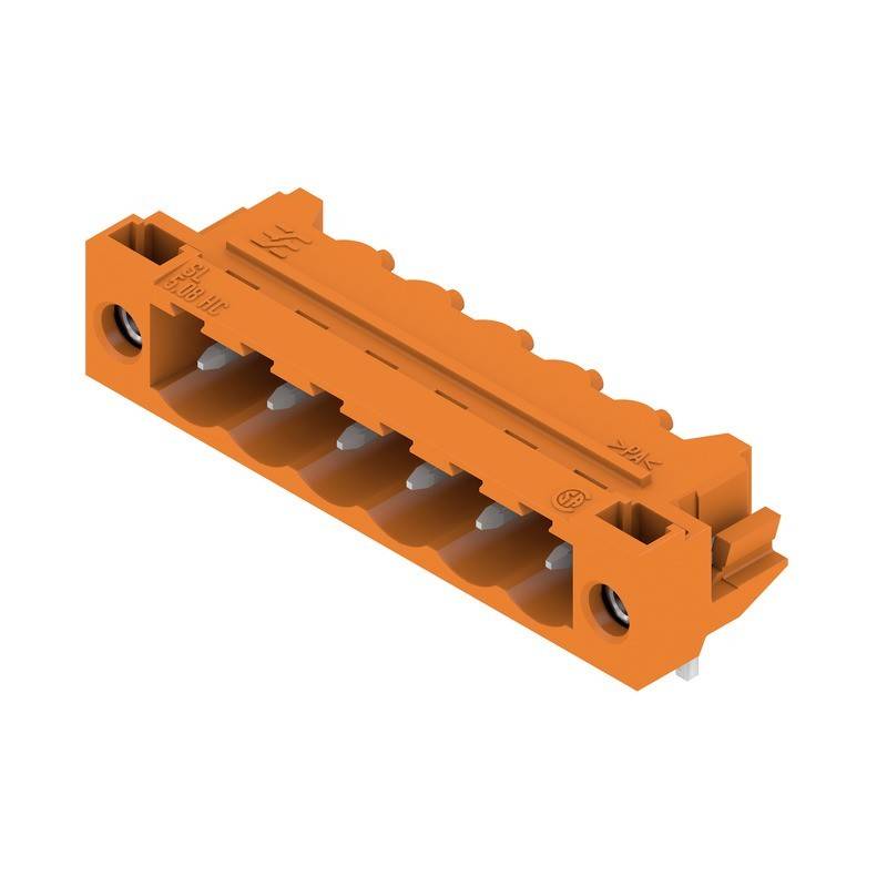 Ein orangefarbener Sechspositions-Klemmenblock mit Deckel, entwickelt zum Anschluss elektrischer Leitungen, verfügt über seitliche Eintrittsstellen und weiße Markierungen.
