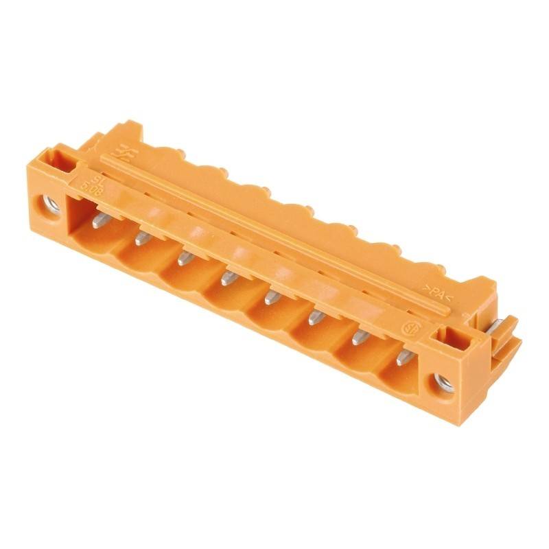 Orangefarbener modularer Steckverbinder mit acht Anschlüssen, verwendet für elektrische Verdrahtung und Verbindungen.