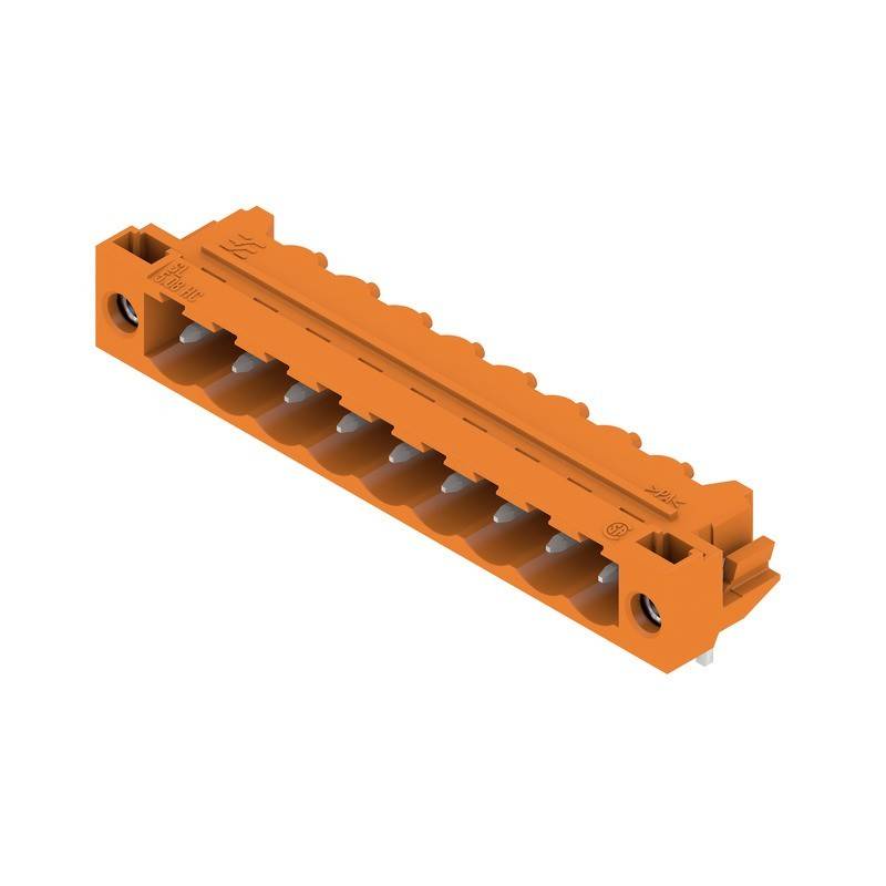 Eine orange, rechteckige Kunststoffkomponente mit zehn Anschlussöffnungen, verwendet für elektrische oder elektronische Verbindungen.