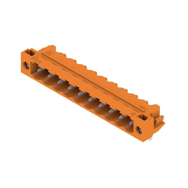 Ein orangefarbener elektrischer Klemmenblock mit zehn Anschlussplätzen und Befestigungslöchern an jedem Ende, der zur Organisierung von elektrischen Leitungen verwendet wird.