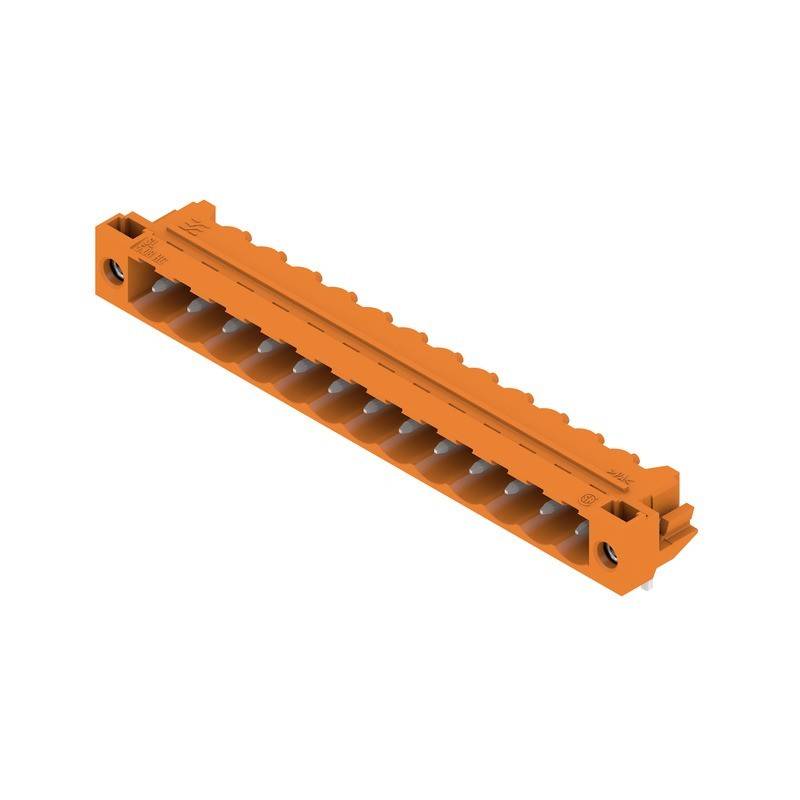 Ein orangefarbener, rechteckiger Elektroanschlussblock mit mehreren Anschlusspunkten, der zum Sichern und Organisieren von elektrischen Kabeln konzipiert ist.