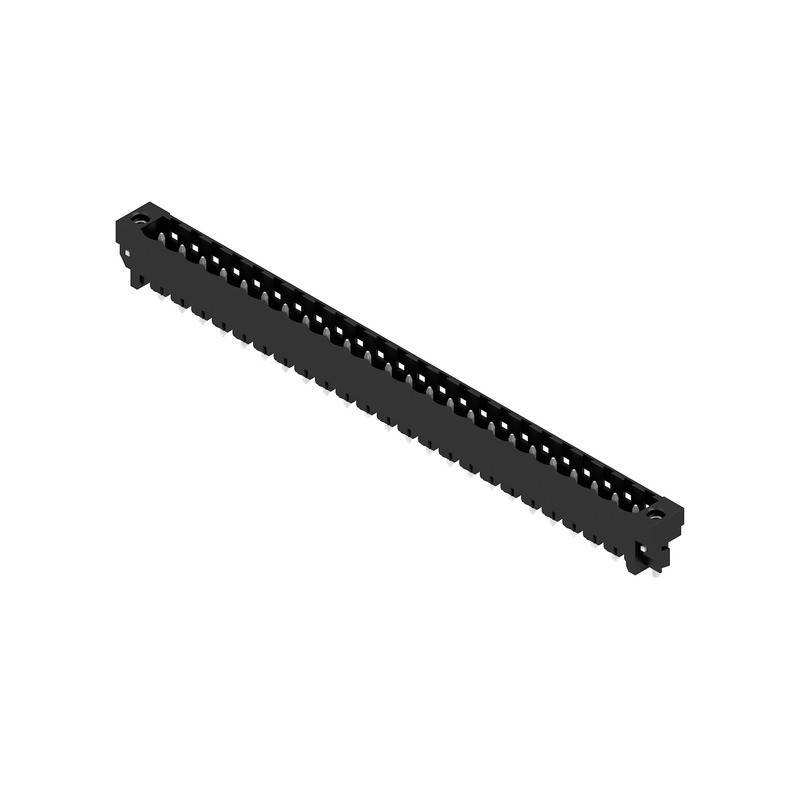Eine schwarze Plastik-40-Pin-Dual-In-Line-(DIP)-IC-Fassung mit Reihen von Anschlusspins zum Einbau von integrierten Schaltkreisen.