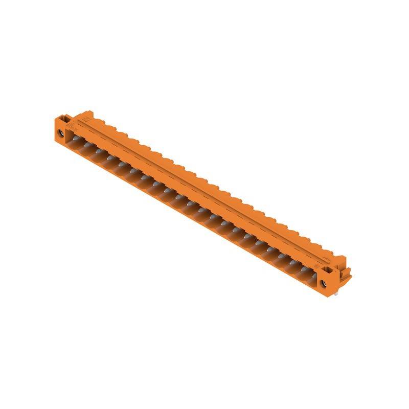 3D-Modell eines industriellen orangen Verbindungsblocks mit mehreren Anschlüssen, der in der Elektrotechnik zum sicheren Verbinden von Leitungen verwendet wird.