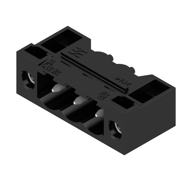 Ein schwarzer elektronischer Anschlussblock mit drei Klemmenöffnungen, der zum Befestigen von Drähten dient und aus einem leicht erhöhten Blickwinkel gezeigt wird.