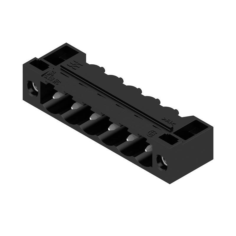 Ein schwarzer 8-Pin-Buchsenleiste-Verbinder mit zwei Befestigungslöchern an beiden Seiten, verwendet für elektrische Verbindungen auf einer Leiterplatte.