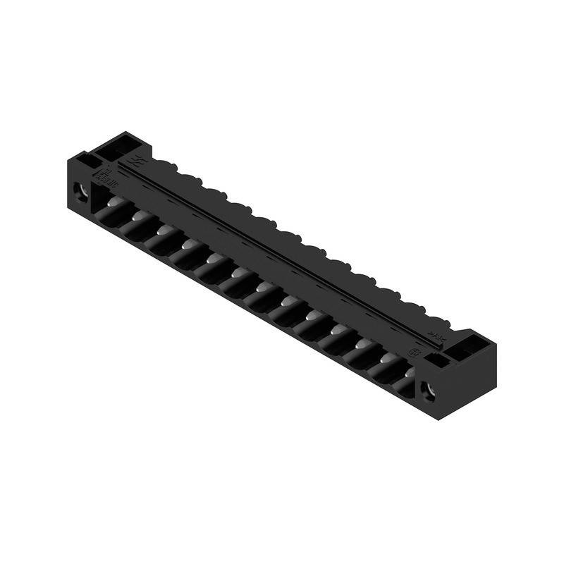 Eine schwarze Mundharmonika mit 16 Löchern, von oben aufgenommen, die ihr kompaktes und rechteckiges Design hervorhebt.