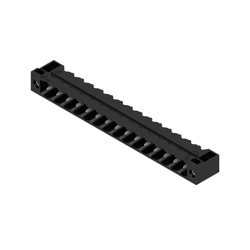 Ein schwarzer, rechteckiger elektronischer Steckverbinder mit mehreren Schlitzen, der zum Verbinden und Sichern von elektrischen Komponenten verwendet wird.