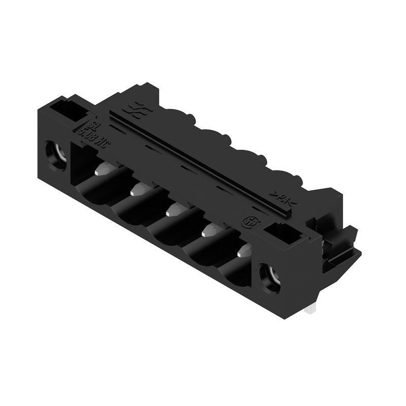 Eine schwarze elektrische Komponente mit sechs Schlitzen, höchstwahrscheinlich ein Klemmenblock oder Verbinder, der zum Verbinden von Drähten verwendet wird.