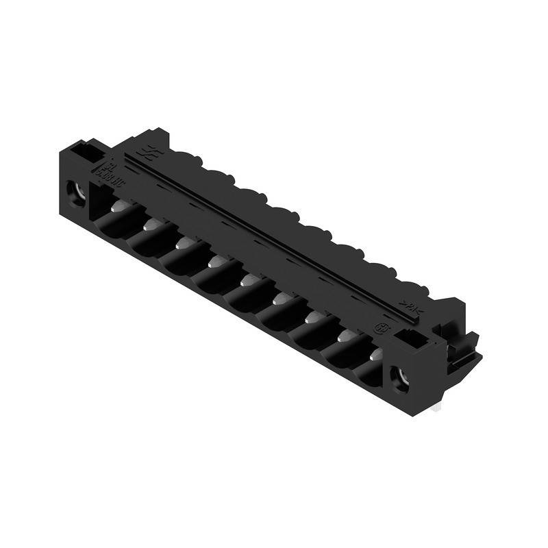 Ein schwarzer Klemmenblock-Anschluss mit mehreren Steckplätzen für elektrische Leitungen, der zum Befestigen und Organisieren von Kabeln in einer Elektrotafel verwendet wird.