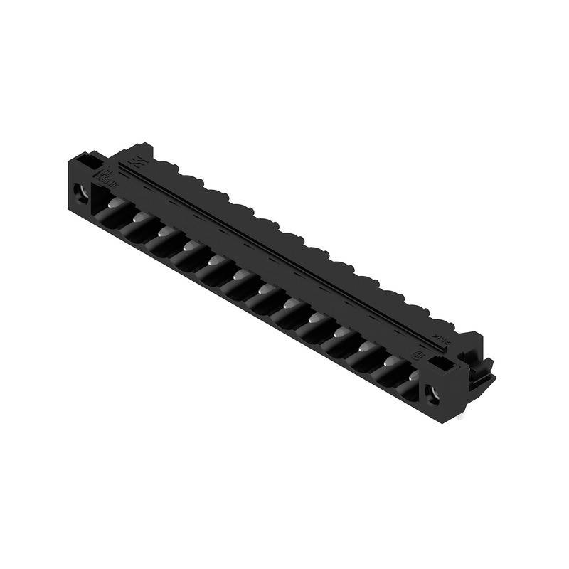 Eine schwarze, rechteckige elektronische Komponente mit mehreren Anschlusspunkten, höchstwahrscheinlich ein Anschluss oder Sockel für Leiterplatten.
