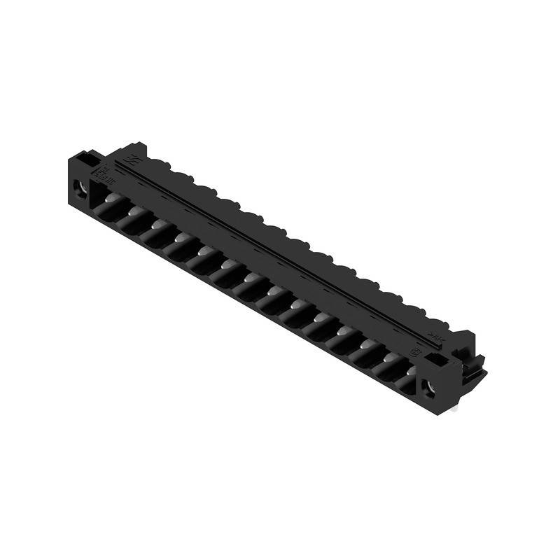 Schwarze Picatinny-Schiene für Gewehre mit einer geriffelte Oberfläche und mehreren Schlitzen zum Anbringen von Zubehör, aus einem Winkel betrachtet.