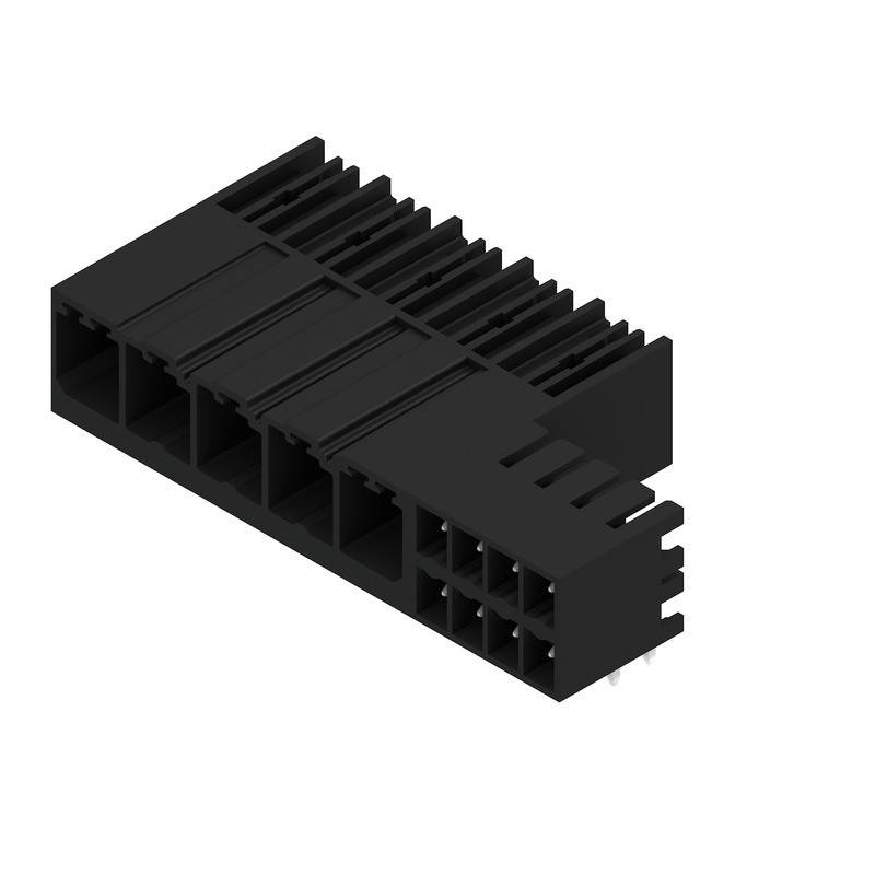 Ein schwarzer, 2-reihiger 16-poliger Buchsenverbinder mit geripptem Gehäuse für verbesserten Halt, geeignet für die Montage von elektronischen Leiterplatten.