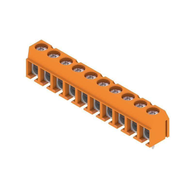 Ein orangefarbener 10-polig Anschlussblock-Stecker für Leiterplattenanwendungen, der Metallkontakte in jedem Pin für elektrische Verbindungen zeigt.