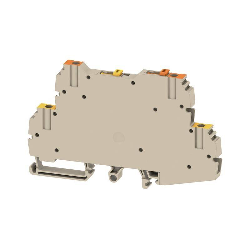 Ein beiger, zweistufiger Klemmenblock mit mehreren Anschlusspunkten, der farbcodierte Verdrahtungsschlitze für optimierte elektrische Verbindungen aufweist.