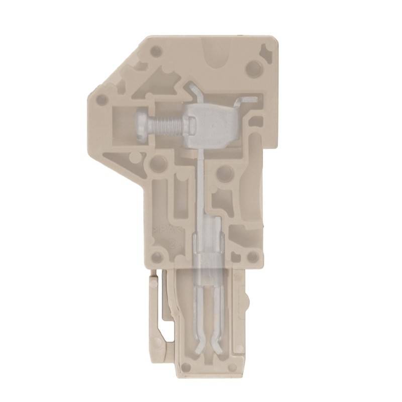 Ein beiger Klemmenblock, der eine interne Struktur mit einer Schraube, einem Klemmmechanismus und einem Verbindungsweg zeigt und elektrische Verbindungsfähigkeit veranschaulicht.