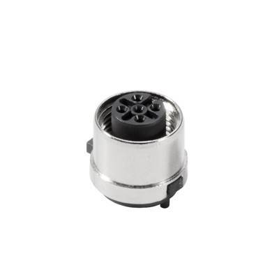 Ein kreisförmiger, metallischer elektrischer Stecker mit mehreren schwarzen Buchsen. Geeignet für industrielle oder elektronische Anwendungen.