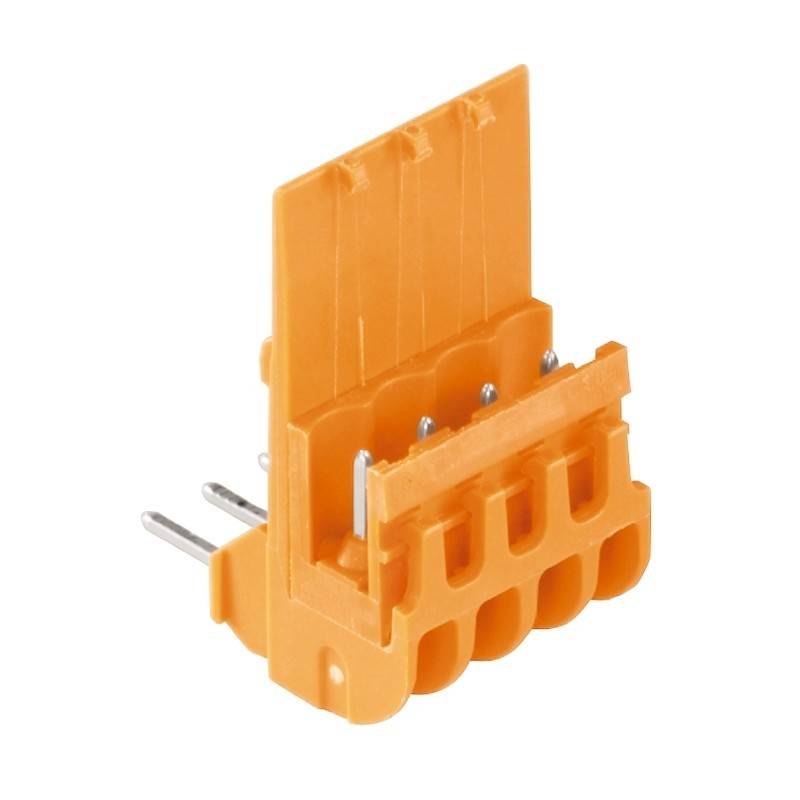 Ein orangefarbener elektrischer Anschluss mit fünf Metallstiften, für die Montage auf einer Platine konzipiert.
