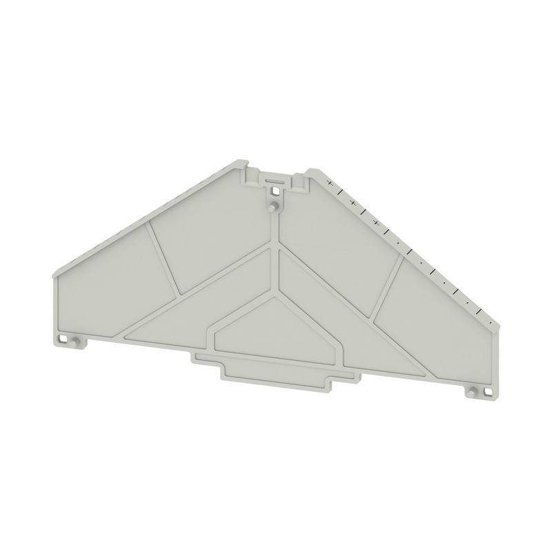 Eine Plastikabdeckung mit abgeschrägten Kanten und geometrischem Paneldesign, die zum Schutz von Anschlussklemmen in elektrischen Baugruppen verwendet wird.