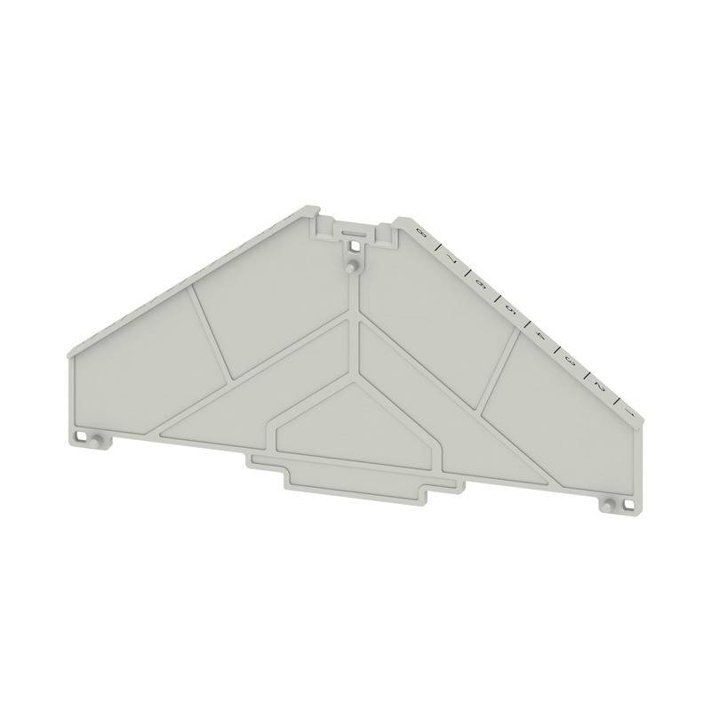 Ein flaches, dreieckiges, graues Plastikbauteil mit geometrischen Mustern und erhöhten Kanten, möglicherweise eine Komponente oder Abdeckung.