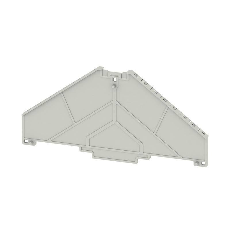 Ein grauer, dreieckiger Kunststoff-Enddeckel mit inneren Verstärkungslinien und Schrauböffnungen an den Ecken.