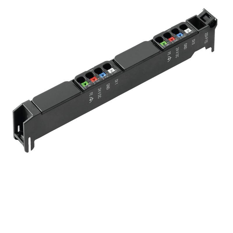 Ein schwarzer modularer elektronischer Anschluss mit beschrifteten Ports für DA und DO, ausgestattet mit mehrfarbigen Anzeigelichtern für jeden Eingang/Ausgang.