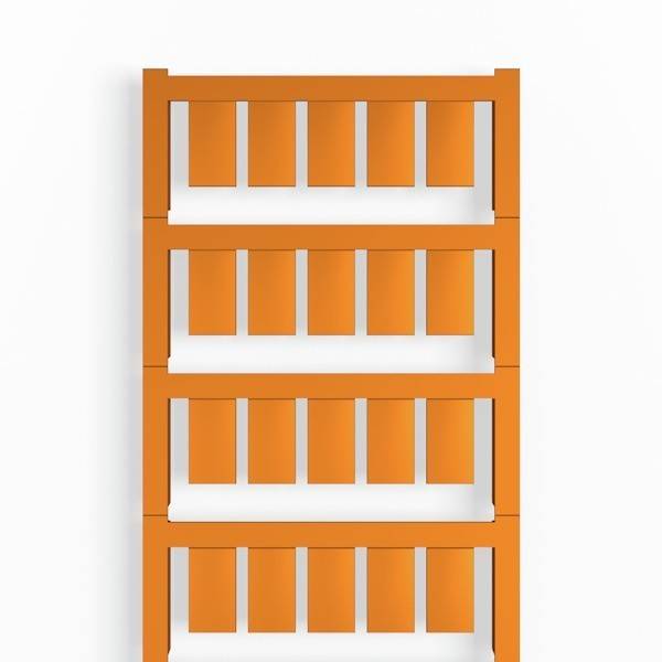 Ein orangefarbenes Regalsystem mit fünf horizontalen Regalböden, die jeweils in Segmente unterteilt sind und vertikal an einer weißen Wand montiert sind.