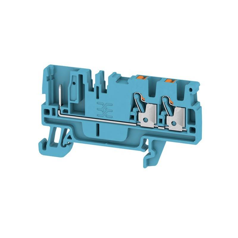 Ein blauer modularer Klemmenblock mit zwei Klemmverbindungen für elektrische Verkabelung, konzipiert für den Einsatz in Elektroverteilern.