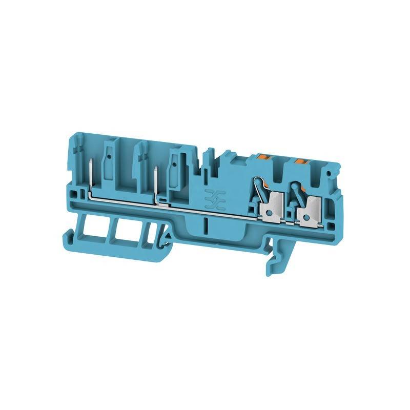 Ein blauer elektrischer Anschlussblock mit mehreren Anschlussöffnungen und Metallkomponenten, der zur Verkabelung und Sicherung elektrischer Schaltkreise verwendet wird.