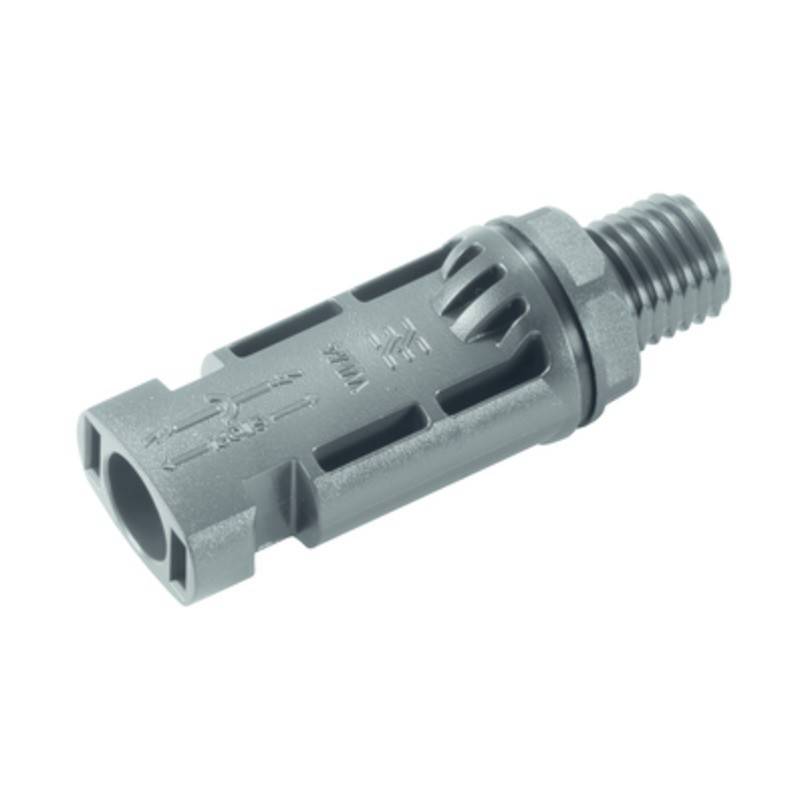 Ein grauer Metallzylinder mit Lüftungsschlitzen und Gewinde an einem Ende, höchstwahrscheinlich eine mechanische oder industrielle Komponente zum Anschluss oder zur Befestigung.