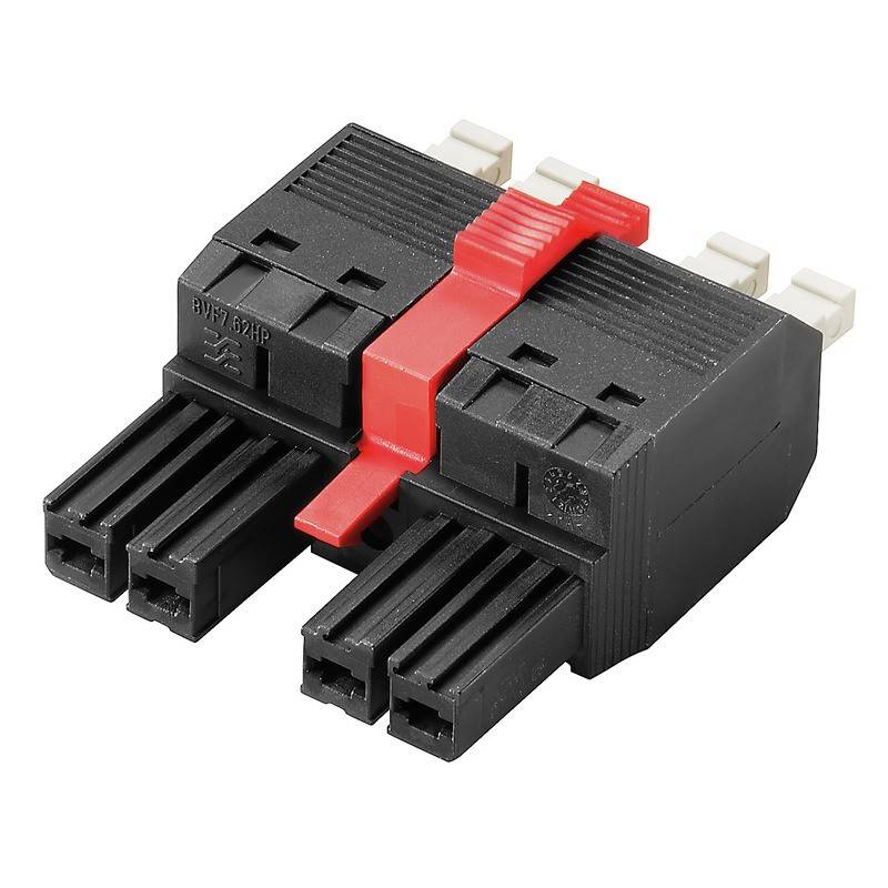 Ein schwarzer und roter Steckbare Anschlussblock-Verbinder mit mehreren Anschlüssen für elektrische Verdrahtungsverbindungen.