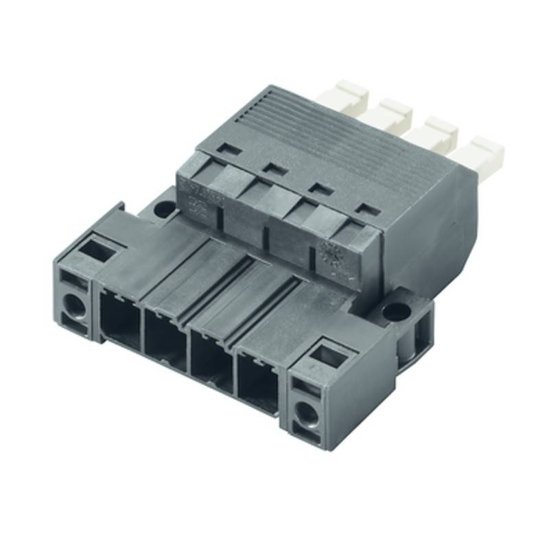 „Ein schwarzer elektrischer Steckverbinder mit vier Schlitzen und drei weißen Stiften auf der Oberseite, der zur Sicherung elektrischer Verbindungen in Geräten verwendet wird.