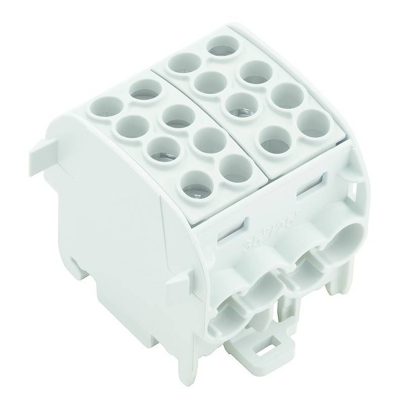 Ein weißer Kunststoff-Schraubklemmenblock mit mehreren Löchern für elektrische Verbindungen, der typischerweise zum Sichern und Organisieren von Kabeln verwendet wird.