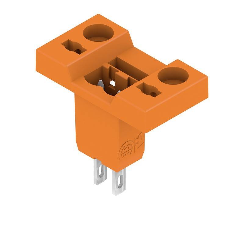 Orangefarbener elektrischer Verbinder mit zwei Pins und Verriegelungsmechanismus.