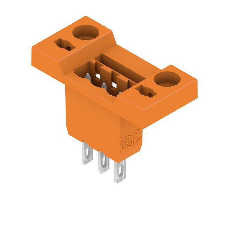 Ein orangefarbener Kunststoff-Elektroverbinder mit drei Metallstiften, die an der Unterseite herausragen.