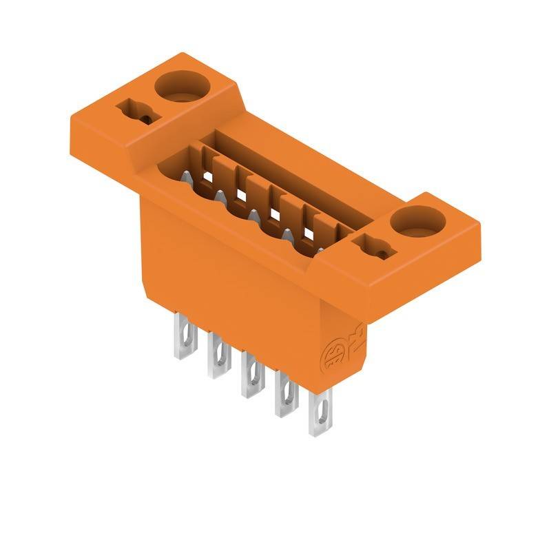 Ein orangefarbener Kunststoff-Elektroverbinder mit mehreren Metallstiften für Schaltungsverbindungen, ausgestattet mit Befestigungslöchern für eine sichere Befestigung.