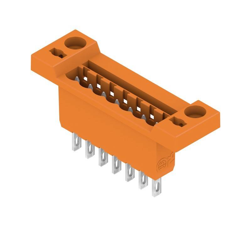 Ein orangefarbener elektrischer Verbinder mit mehreren Metallstiften, entwickelt für Leiterplattenanschlüsse, mit Befestigungslöchern an den Seiten.