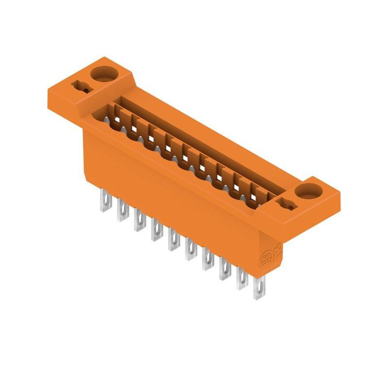 Ein orangefarbener elektrischer Steckverbinder mit zwei Reihen Metallstifte ragt nach unten. Er ist rechteckig und verfügt über Befestigungslöcher in jeder Ecke.