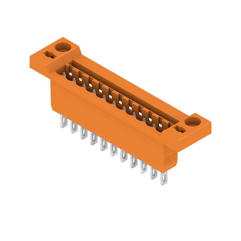 Ein orangefarbener elektronischer Anschluss mit mehreren Metallstiften zur Montage auf einer Leiterplatte.