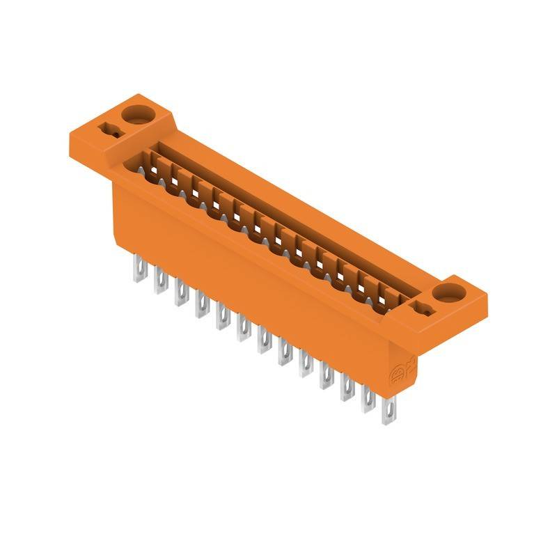 Ein orangefarbener elektronischer Anschluss mit mehreren Metallstiften und zwei Befestigungslöchern, der für Leiterplatten verwendet wird.