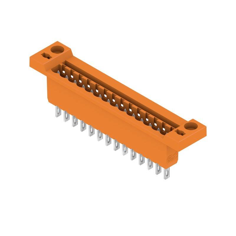 Orangefarbener elektronischer Anschluss mit zwei Reihen von Metallstiften zur Befestigung auf einer Leiterplatte.
