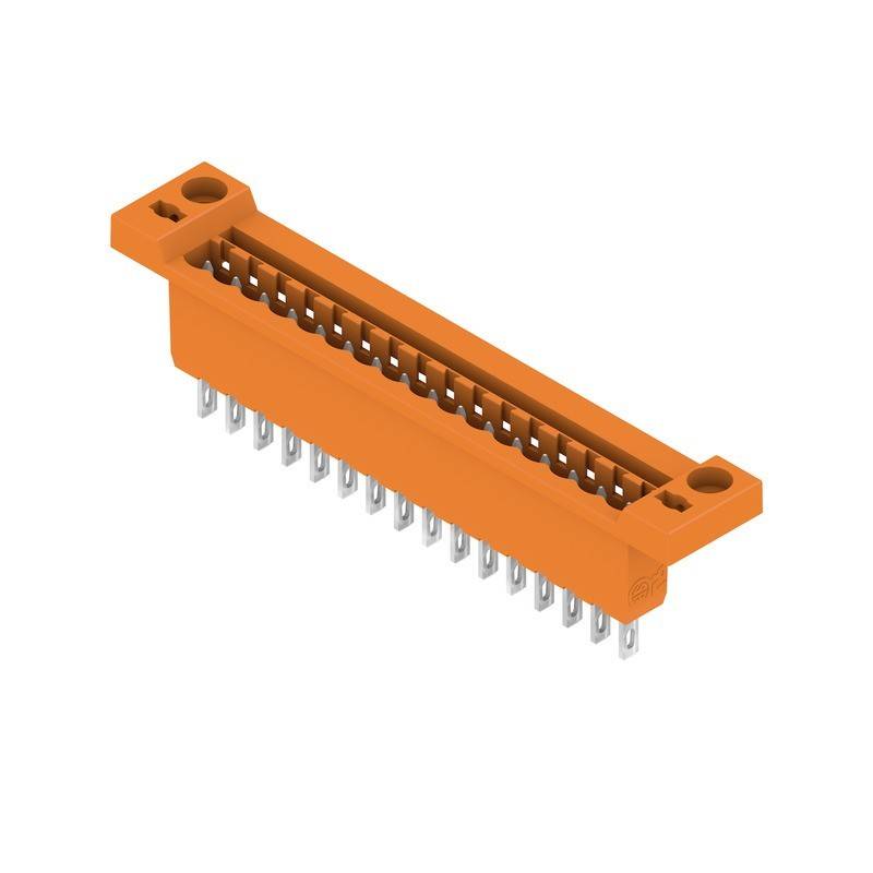 Ein orangefarbener elektrischer Anschluss mit mehreren Metallstiften, der zum Verbinden elektronischer Bauteile verwendet wird.