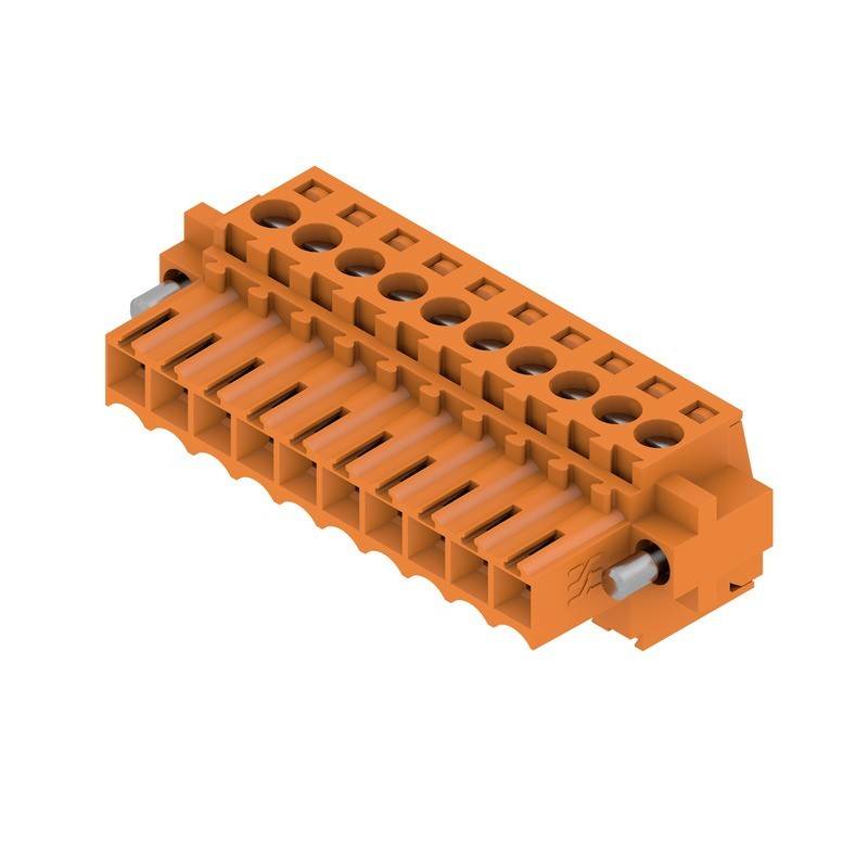 Ein orangefarbener elektrischer Anschlussblock mit mehreren Anschlusspunkten, der zum Sichern von Leitungen in elektrischen Installationen verwendet wird.