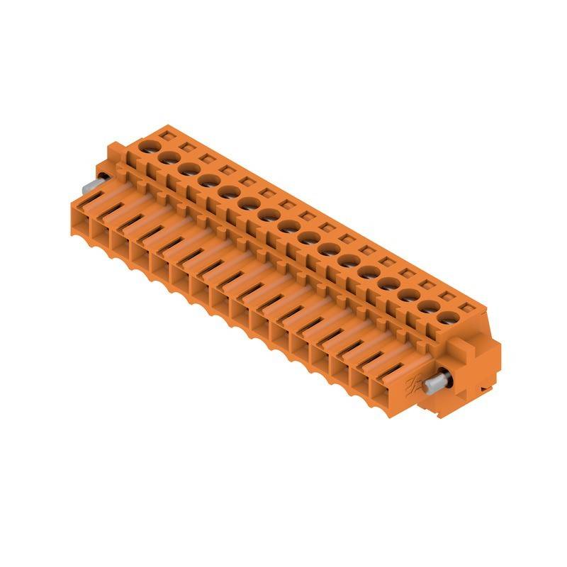 Orange Klemmenblock mit mehreren Anschlusspunkten, der für elektrische Verkabelungsanwendungen verwendet wird und mit schraubenartigen Befestigungselementen ausgestattet ist.