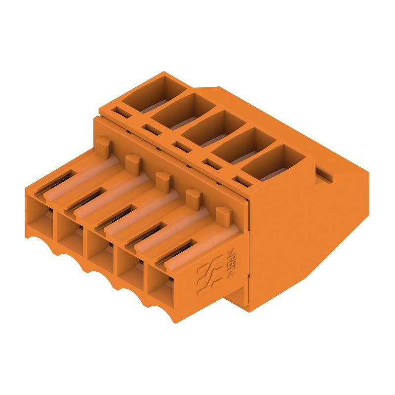 Ein orangefarbener elektrischer Anschluss mit fünf Schlitzen und einer Wellenliniensymbol an der Seite, verwendet für Verkabelung und elektronische Verbindungen.