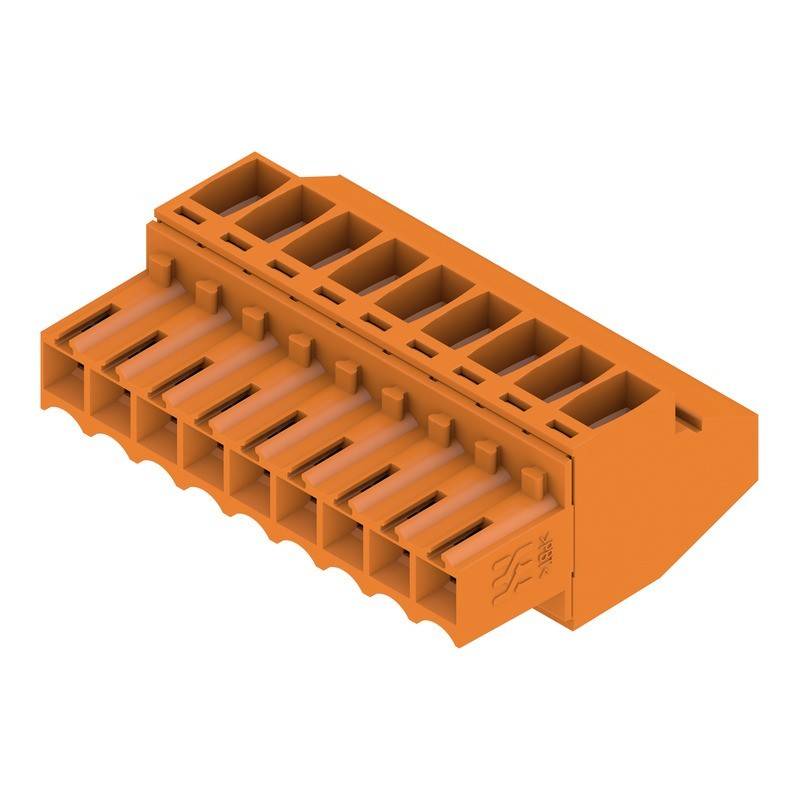 Ein orangefarbener elektrischer Anschlussklemmenblock mit mehreren Anschlussslots, der für Verdrahtungen konzipiert ist und sichere und organisierte Verbindungen ermöglicht.