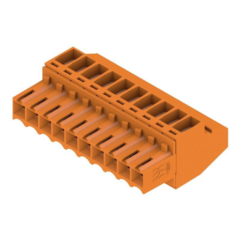 Ein orangefarbener elektrischer Steckverbinder mit mehreren Schlitzen; entwickelt für Leiterplattenanschlüsse, Seitenansicht mit sichtbaren Anschlussports.