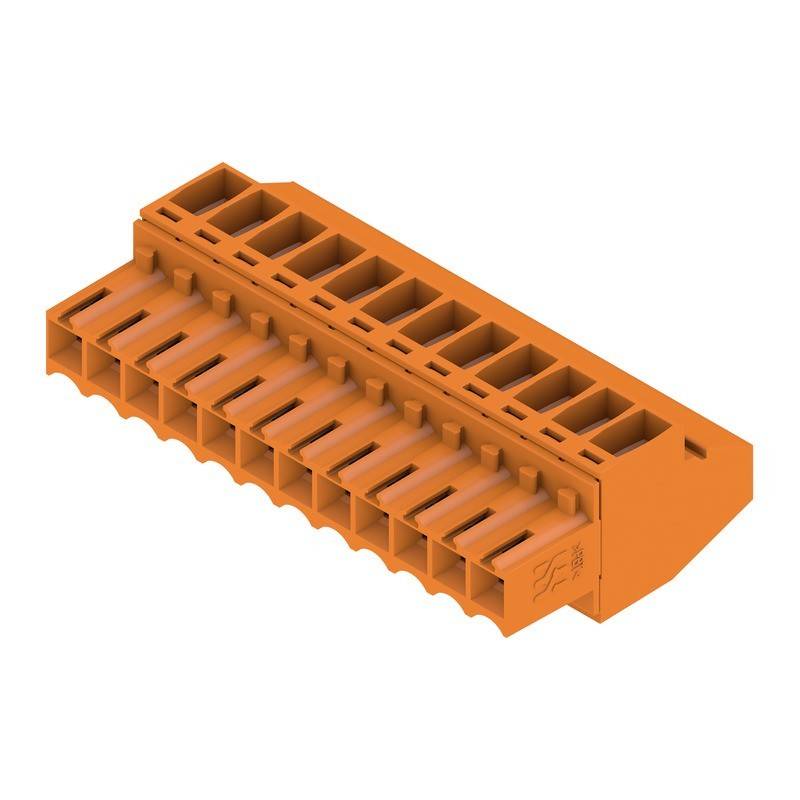 Orangefarbener elektrischer Anschluss mit mehreren Schlitzen für Verdrahtung, aus einem Winkel betrachtet, mit rechteckiger Form und Reihen von Kontaktpunkten.