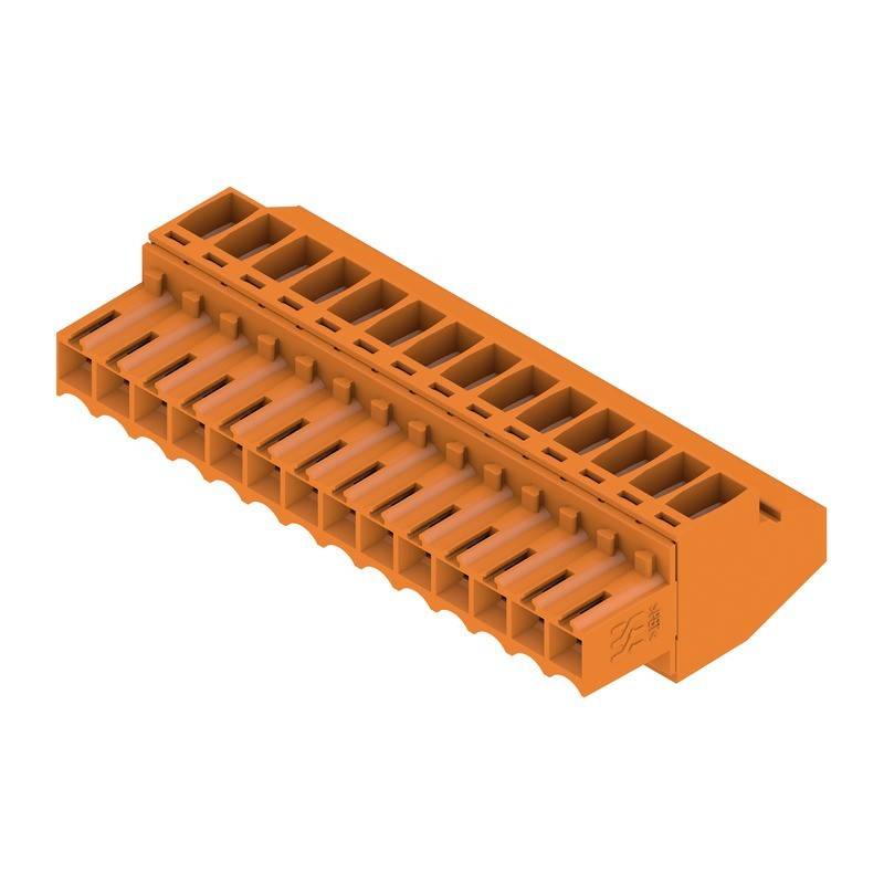 Ein orangefarbener elektronischer Anschluss mit mehreren Schlitzen für Drahtverbindungen, der in modularen Klemmenblöcken für elektrische Anwendungen verwendet wird.